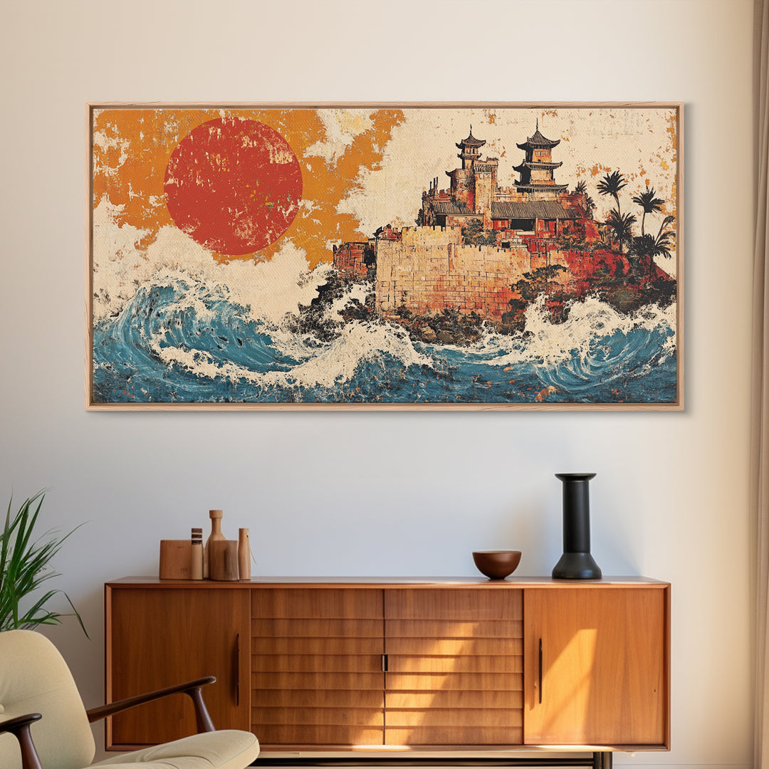 Asian Coastal Castle With Red Sun Canvas Print, Japanese Wall Art, Ocean Waves, Travel Poster, Statement Home Decor, Large Wall Art