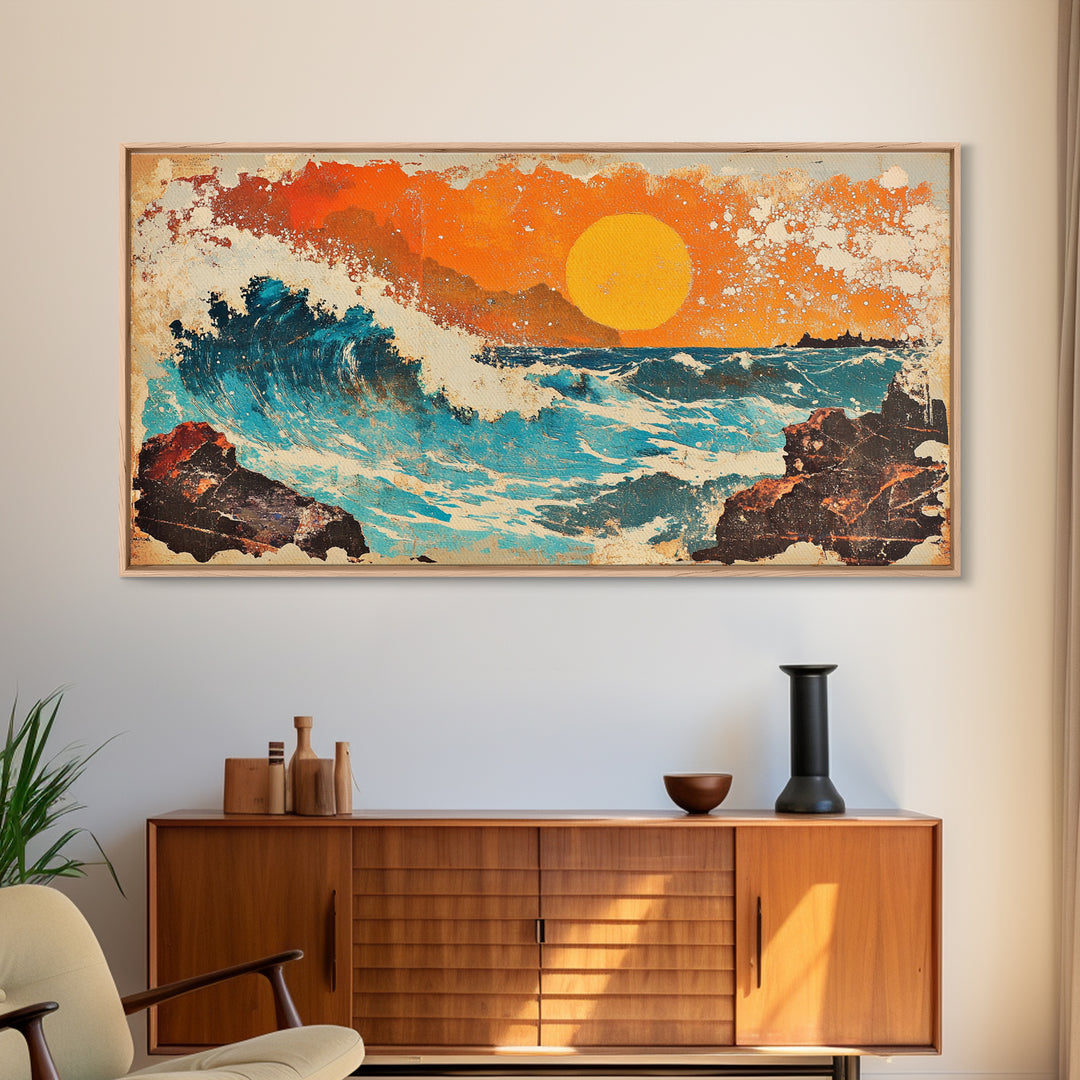 Rocky Ocean Sunset Wave Wall Art, Abstract Seascape Canvas Print, Coastal Living Room Decor, Beach House Home Decor, Large Wall Art