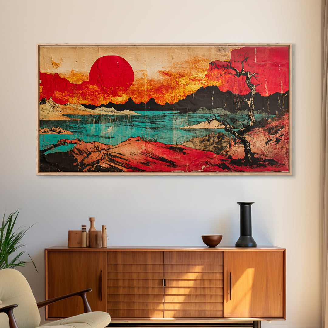 Red Sun Mountain Lake Wall Art, Japanese Sunset Landscape Canvas Print, Bold Desert Decor, Modern Living Room Statement Art