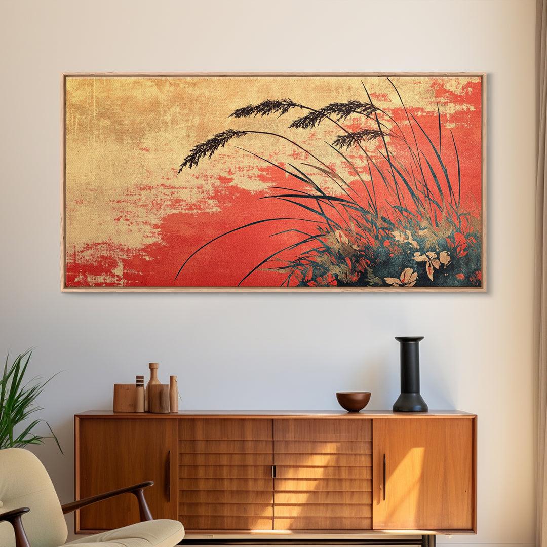 Red Sunset Grassland Wall Art, Botanical Landscape Canvas Print, Rustic Nature Decor, Warm Earth Tone Modern Living Room Art