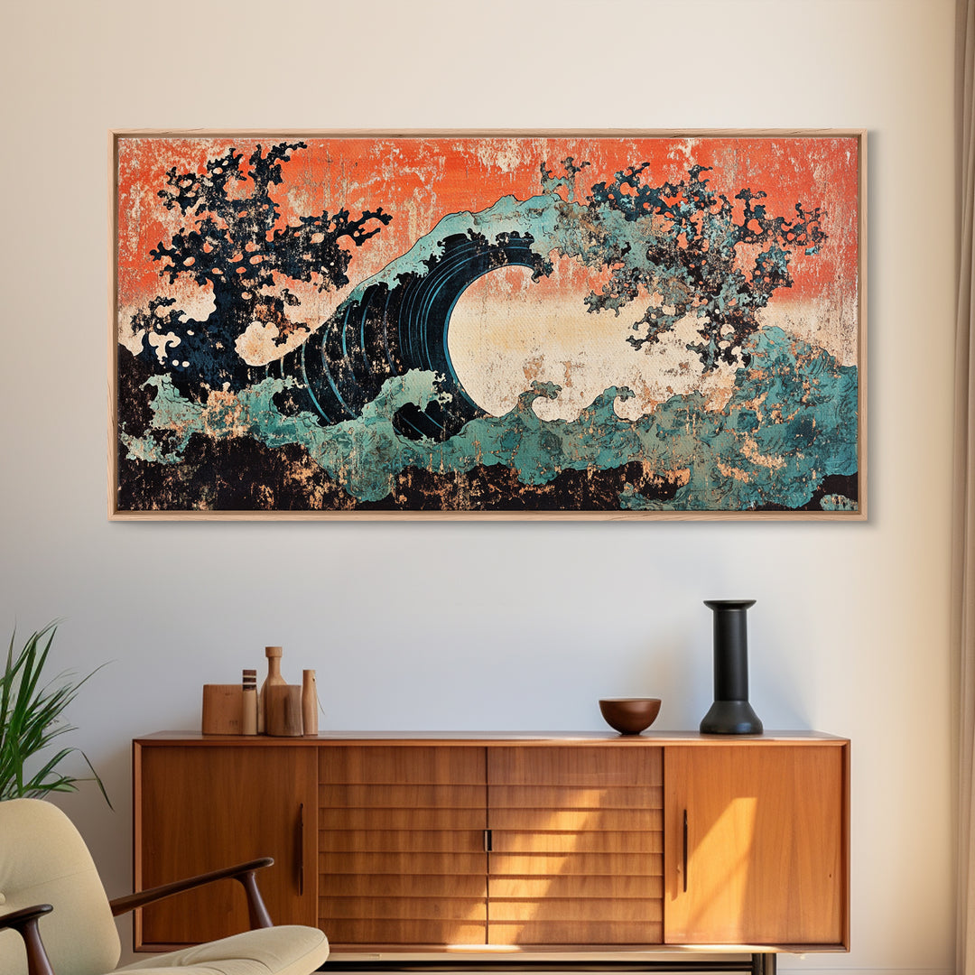 Dramatic Japanese Wave Wall Art, Modern Abstract Ocean Canvas Print, Coastal Seascape Decor, Bold Living Room Statement Art