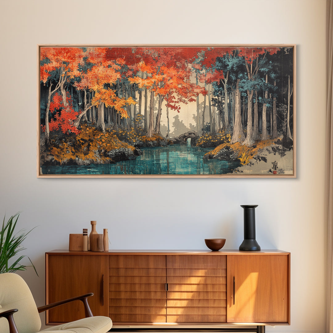 Autumn Forest River Wall Art, Japanese Landscape Canvas Print, Moody Woodland Decor, Large Living Room Wall Decor, Above Sofa Art