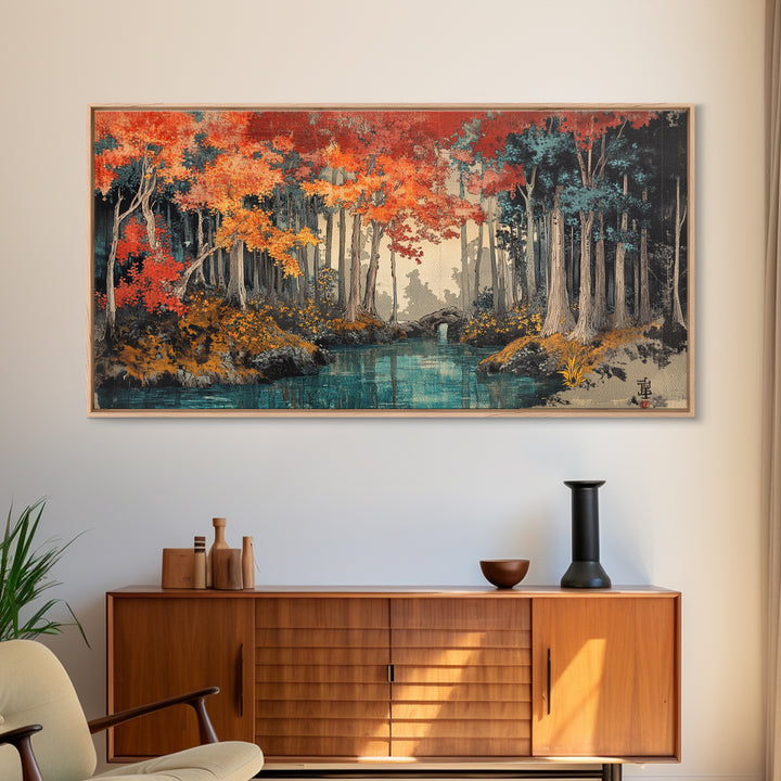 Autumn Forest River Wall Art, Japanese Landscape Canvas Print, Moody Woodland Decor, Large Living Room Wall Decor, Above Sofa Art