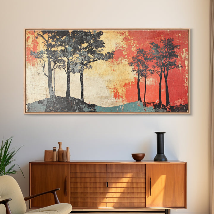 Silhouette Trees With Red Sky Wall Art, Abstract Landscape Canvas Print, Modern Rustic Decor, Wide Horizontal Wall Art Print