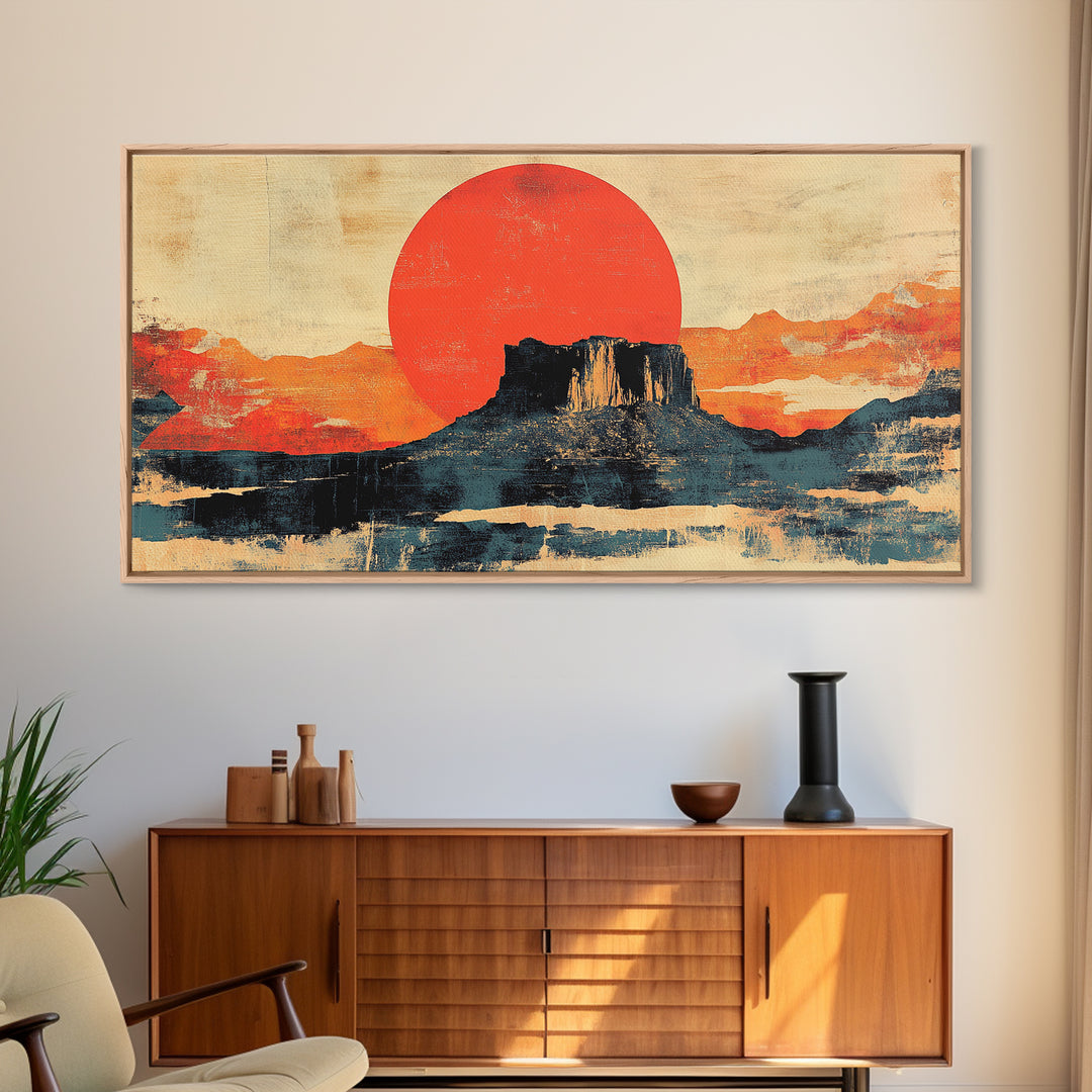 Desert Mesa Red Sun Wall Art, Southwestern Landscape Canvas Print, Modern Western Decor, Large Horizontal Living Room Art