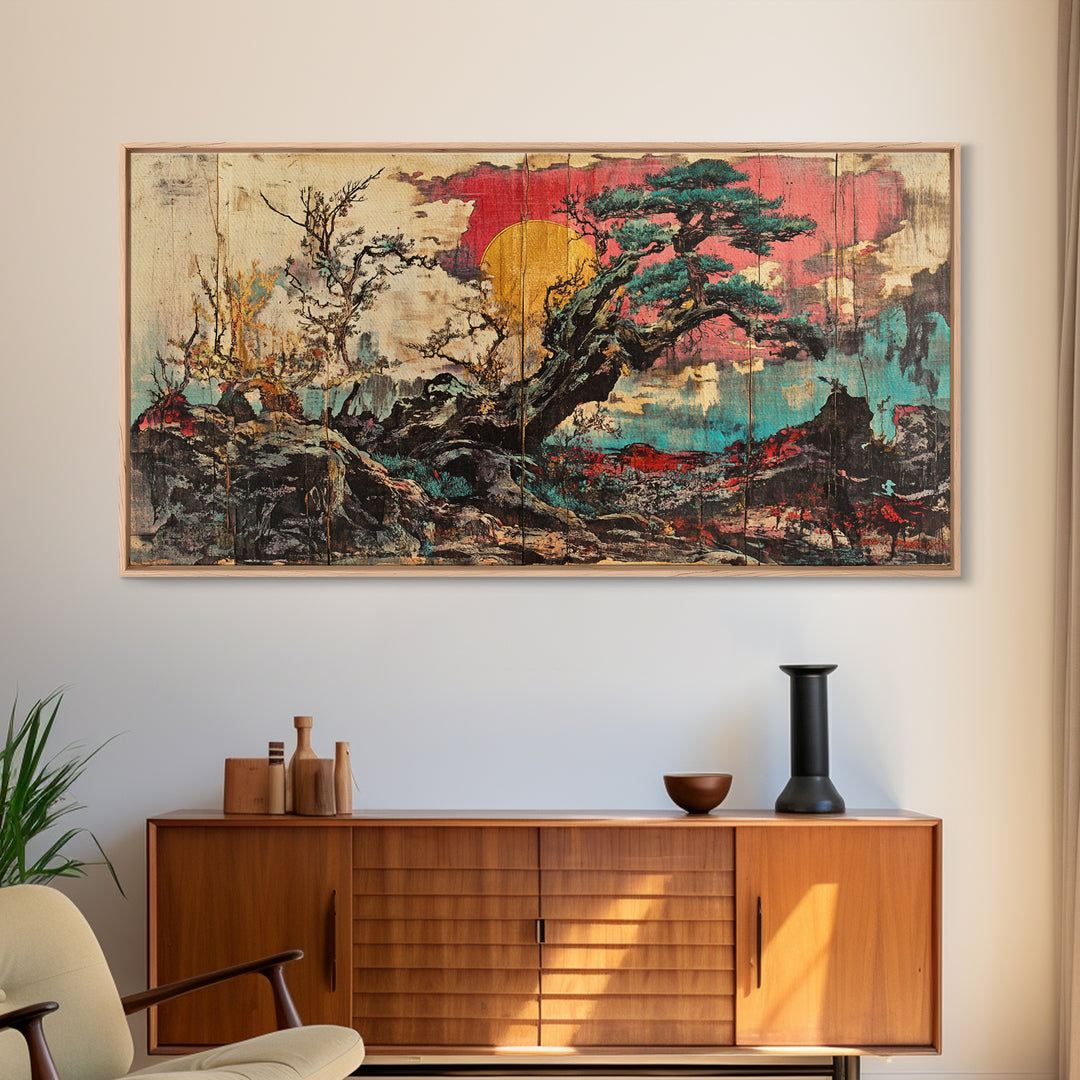 Ancient Pine Tree Sunset Over Misty Rocks Wall Art, Japanese Landscape Print, Zen Nature Decor For Calm Living Room Decor, Home Decor