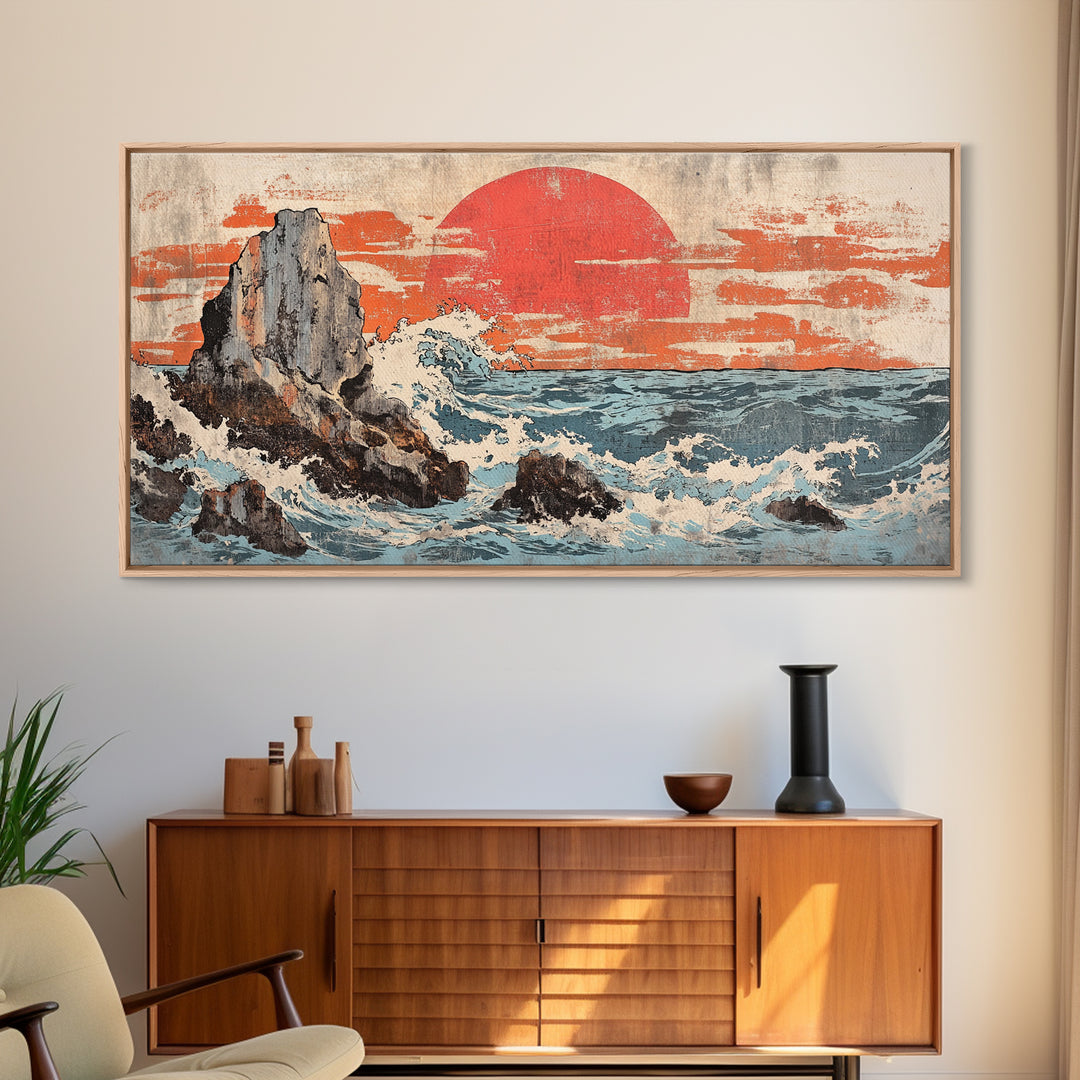 Rocky Ocean Cliffs With Red Sun And Crashing Waves Canvas Print, Japanese Coastal Wall Decor, Large Seascape Art, Living Room Wall Art