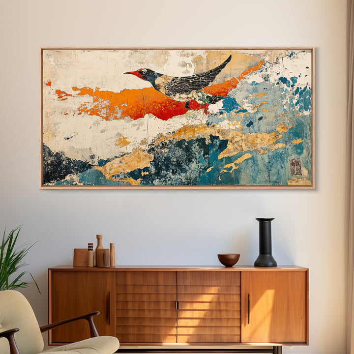 Black And White Bird In Orange Blue Abstract Sky Wall Art, Japanese Nature Print, Whimsical Animal Decor For Home Decor