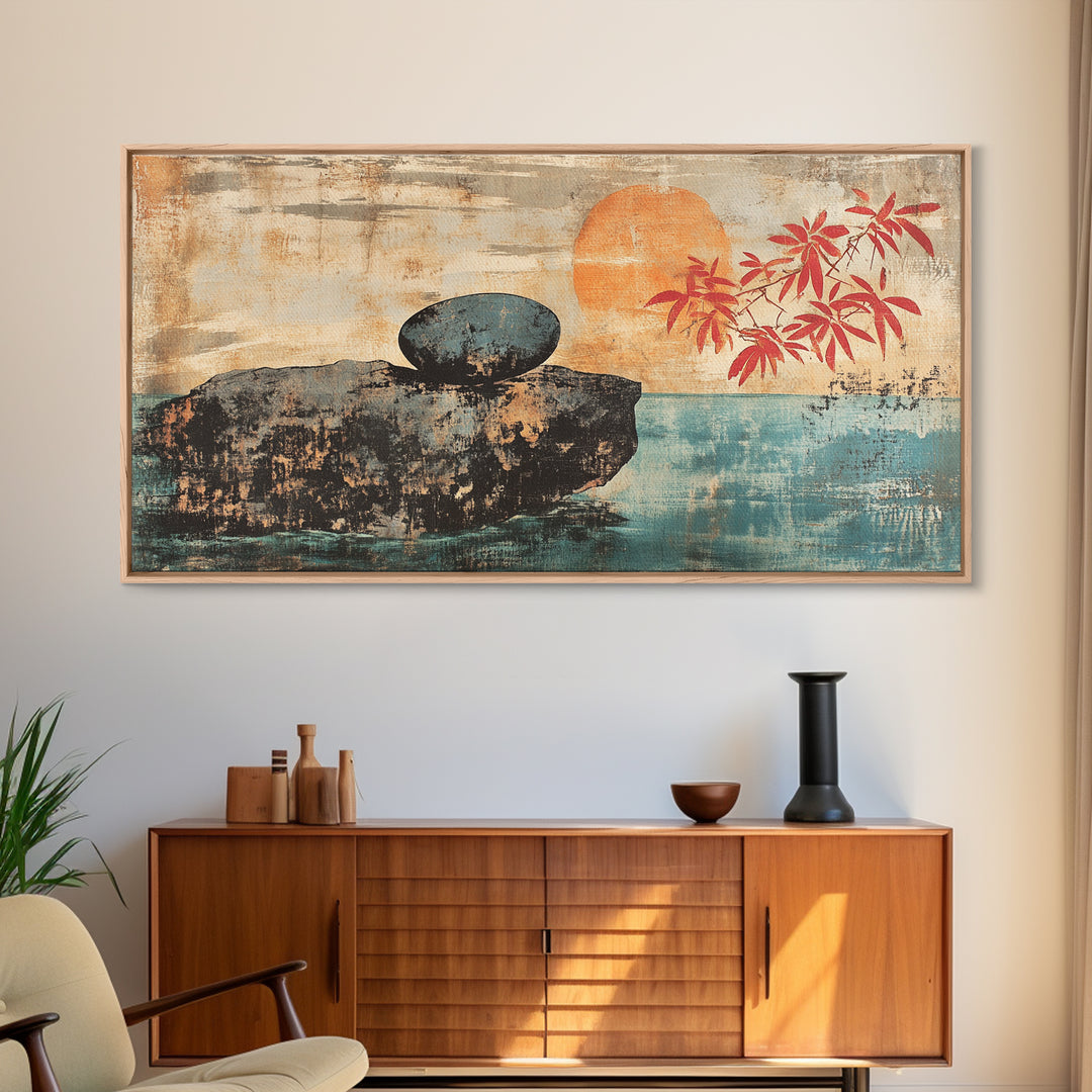 Zen Stone On Sea Cliff At Sunset Canvas Print, Japanese Minimalist Wall Art, Calm Coastal Decor, Spa Home Decor, Living Room Art