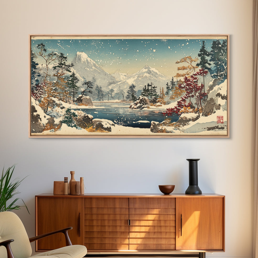 Snowy Mountain Lake With Pines And Falling Snow Wall Art, Winter Landscape Print, Japanese Nature Decor For Cabin Home Decor