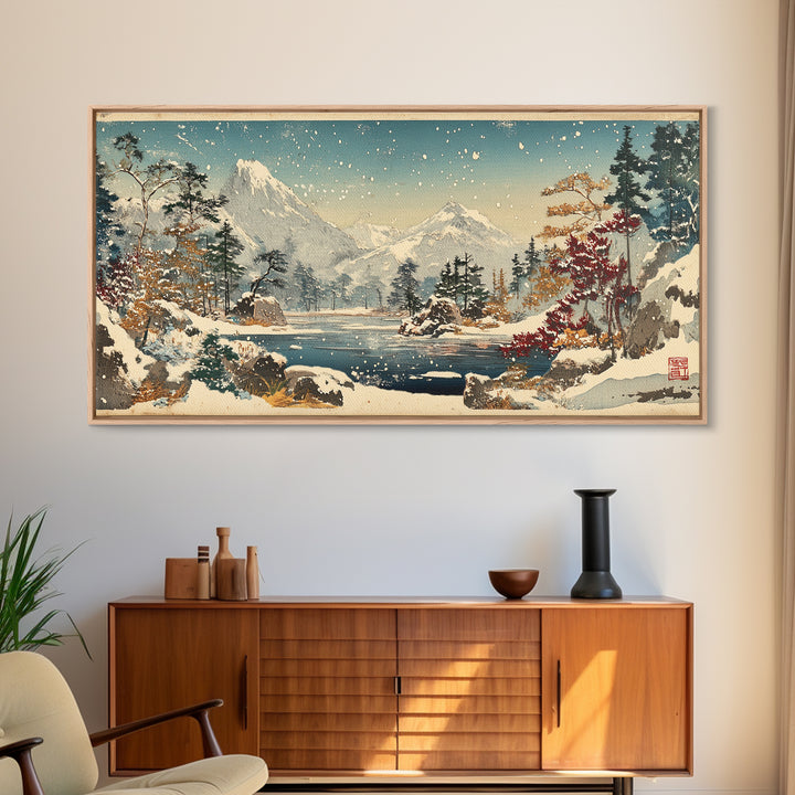 Snowy Mountain Lake With Pines And Falling Snow Wall Art, Winter Landscape Print, Japanese Nature Decor For Cabin Home Decor