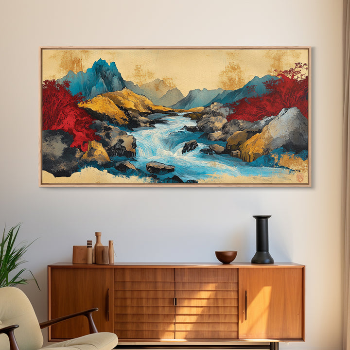 Turquoise Mountain River And Red Autumn Trees Wall Art, Panoramic Landscape Canvas, Modern Nature Decor, Living Room Print