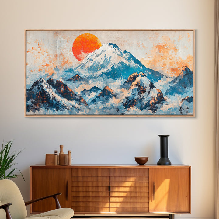 Snowy Blue Mountains And Rising Orange Sun Framed Canvas Print, Japanese Landscape Wall Art, Large Modern Living Room Decor
