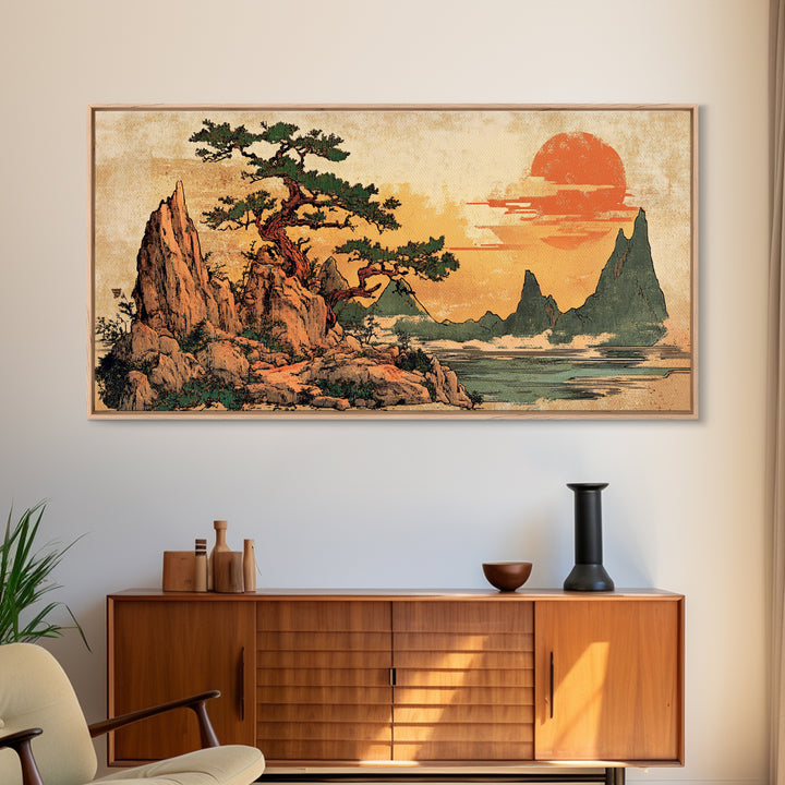 Twisted Pine On Rocky Coast At Sunset Canvas Print, Japanese Landscape Wall Art, Modern Coastal Japandi Living Room Decor