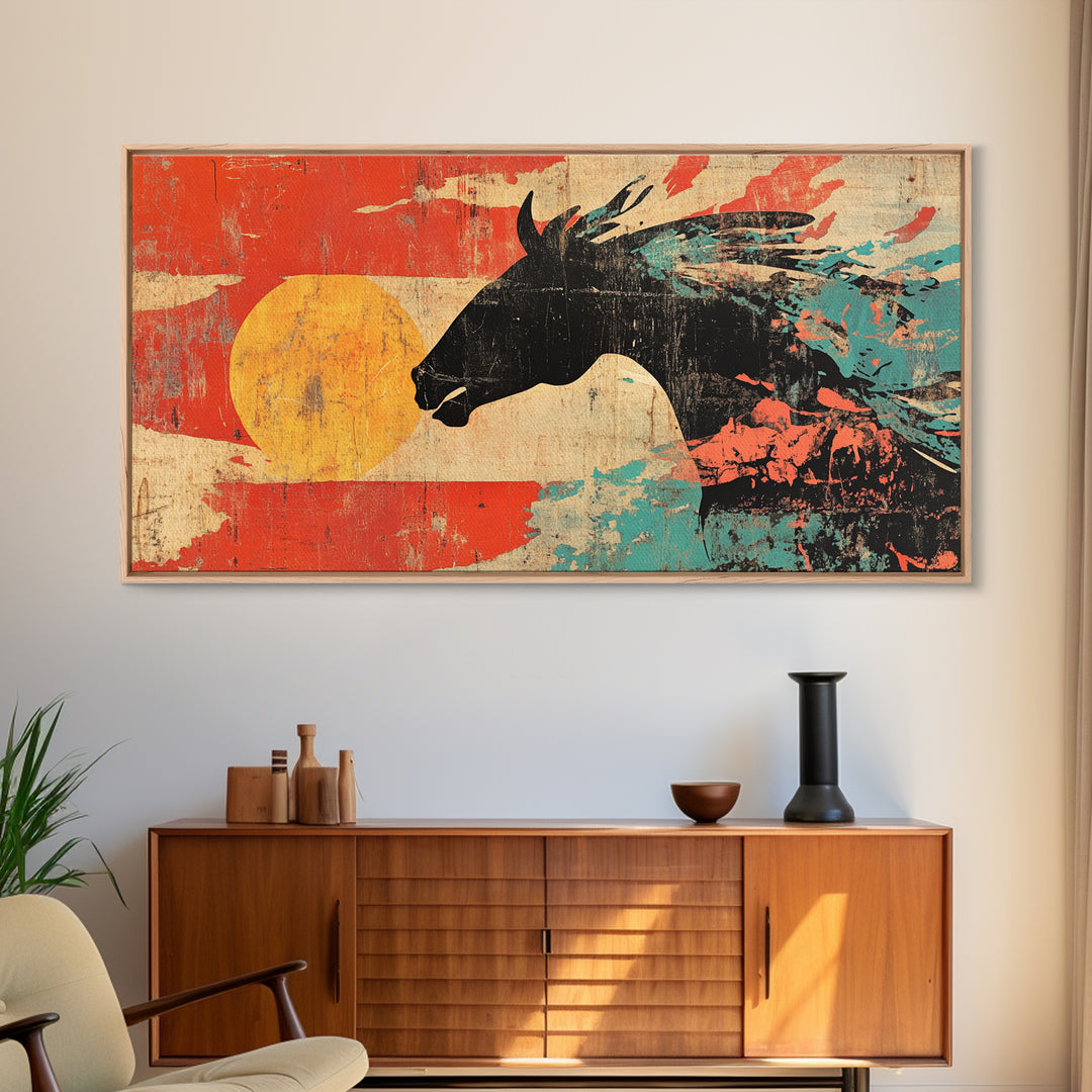 Black Wild Horse Silhouette With Red Sun Wall Art, Western Abstract Canvas Print, Rustic Cowboy Decor For Living Room Gift