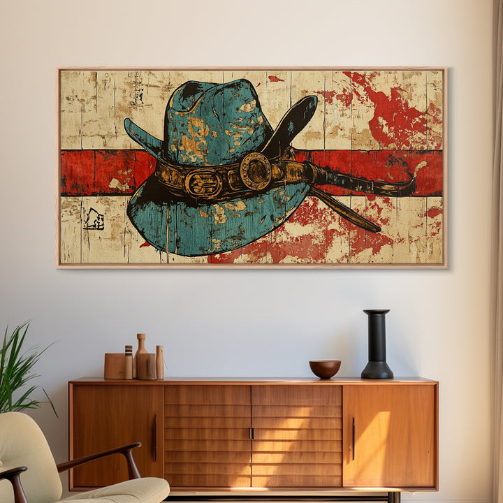 Turquoise Cowboy Hat And Lasso On Rustic Wood Wall Art, Western Canvas Print, Ranch Living Room Decor, Gift For Horse Lover