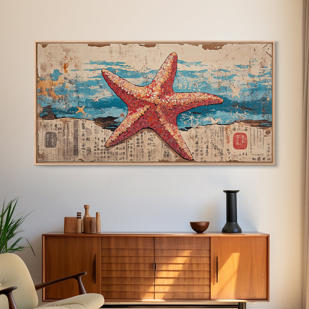 Pink Starfish On Weathered Ocean Pages Wall Art, Coastal Canvas Print, Beach House Living Room Decor, Nautical Bathroom Art