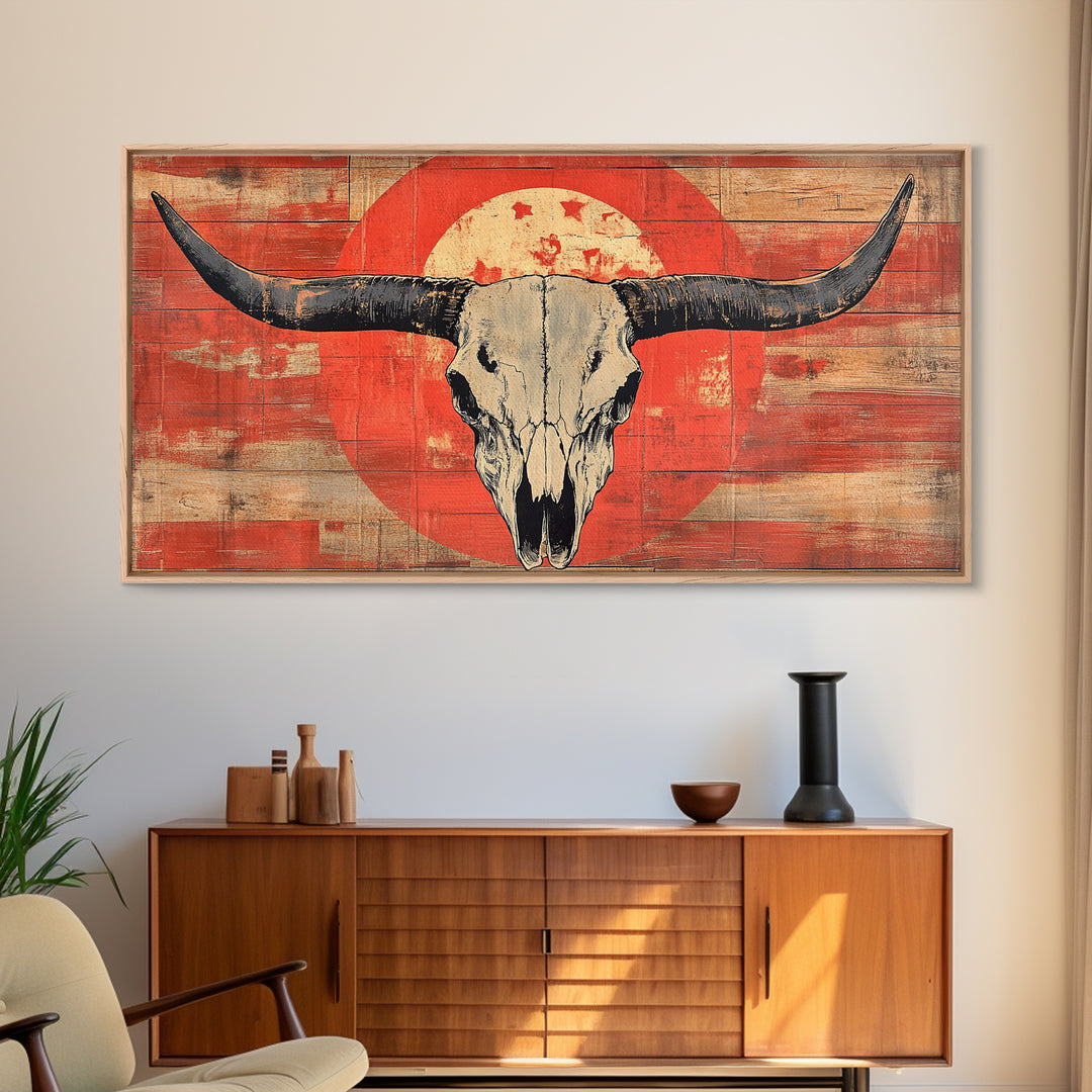 Longhorn Skull On Distressed Red Wood Wall Art, Western Framed Canvas Print, Rustic Cowboy Ranch Home Decor For Living Room