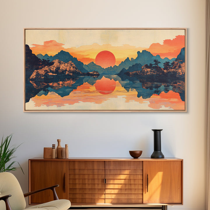 Red Sun Mountain Lake Reflection Wall Art, Japanese Landscape Print, Panoramic Canvas, Serene Living Room Decor, Above Sofa Decor