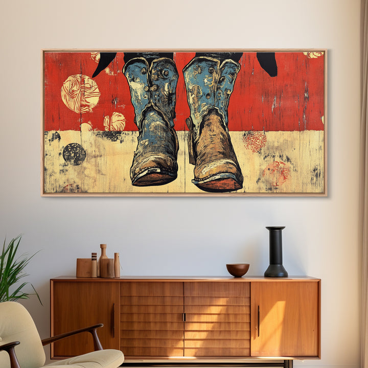 Weathered Cowboy Boots Wall Art, Rustic Western Canvas Print, Cowgirl Decor, Ranch House Living Room Wall Decor Gift For Him