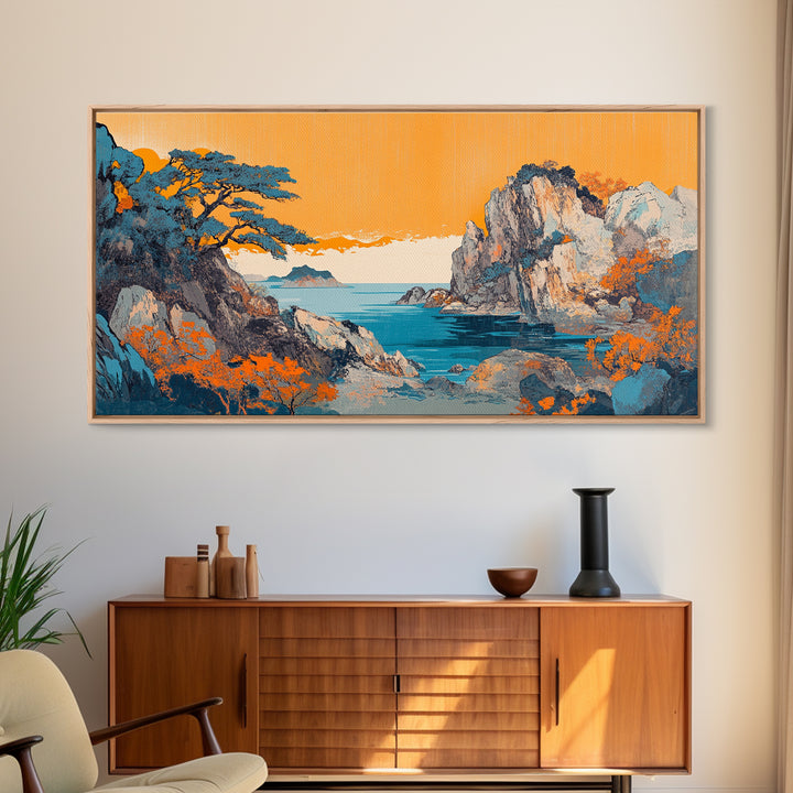 Orange Sky Rocky Coast Canvas Print, Japanese Seascape Wall Art, Coastal Landscape, Beach House Living Room Decor, Above Sofa Decor