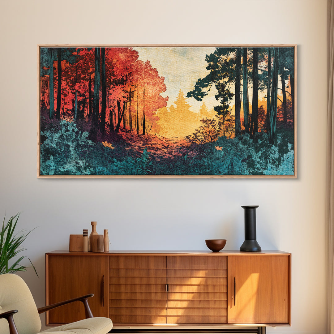 Autumn Forest Path Wall Art, Moody Landscape Canvas Print, Red Trees Nature Decor, Rustic Cabin Living Room Wall Decor Gift