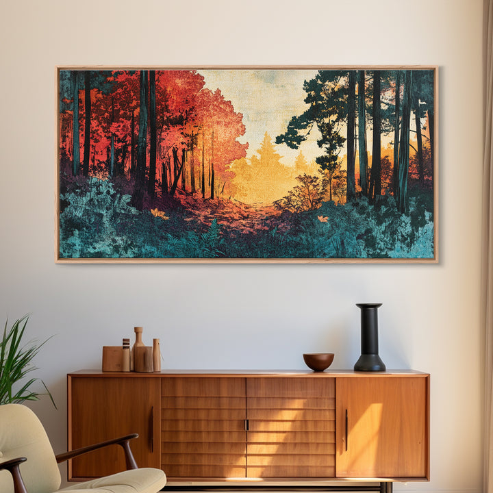 Autumn Forest Path Wall Art, Moody Landscape Canvas Print, Red Trees Nature Decor, Rustic Cabin Living Room Wall Decor Gift