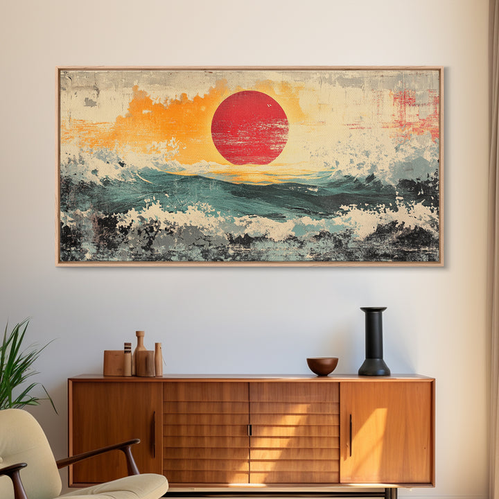 Abstract Red Sun Seascape Wall Art, Ocean Wave Canvas Print, Coastal Modern Decor, Large Living Room Wall Decor, Above Sofa Decor