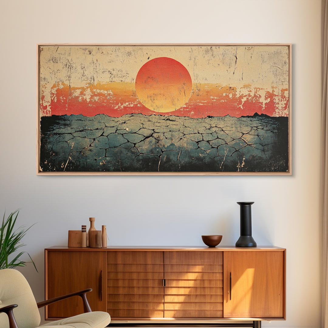Cracked Desert Red Sun Wall Art, Southwestern Canvas Print, Minimal Landscape, Earth Tone Modern Living Room Decor, Housewarming Gift