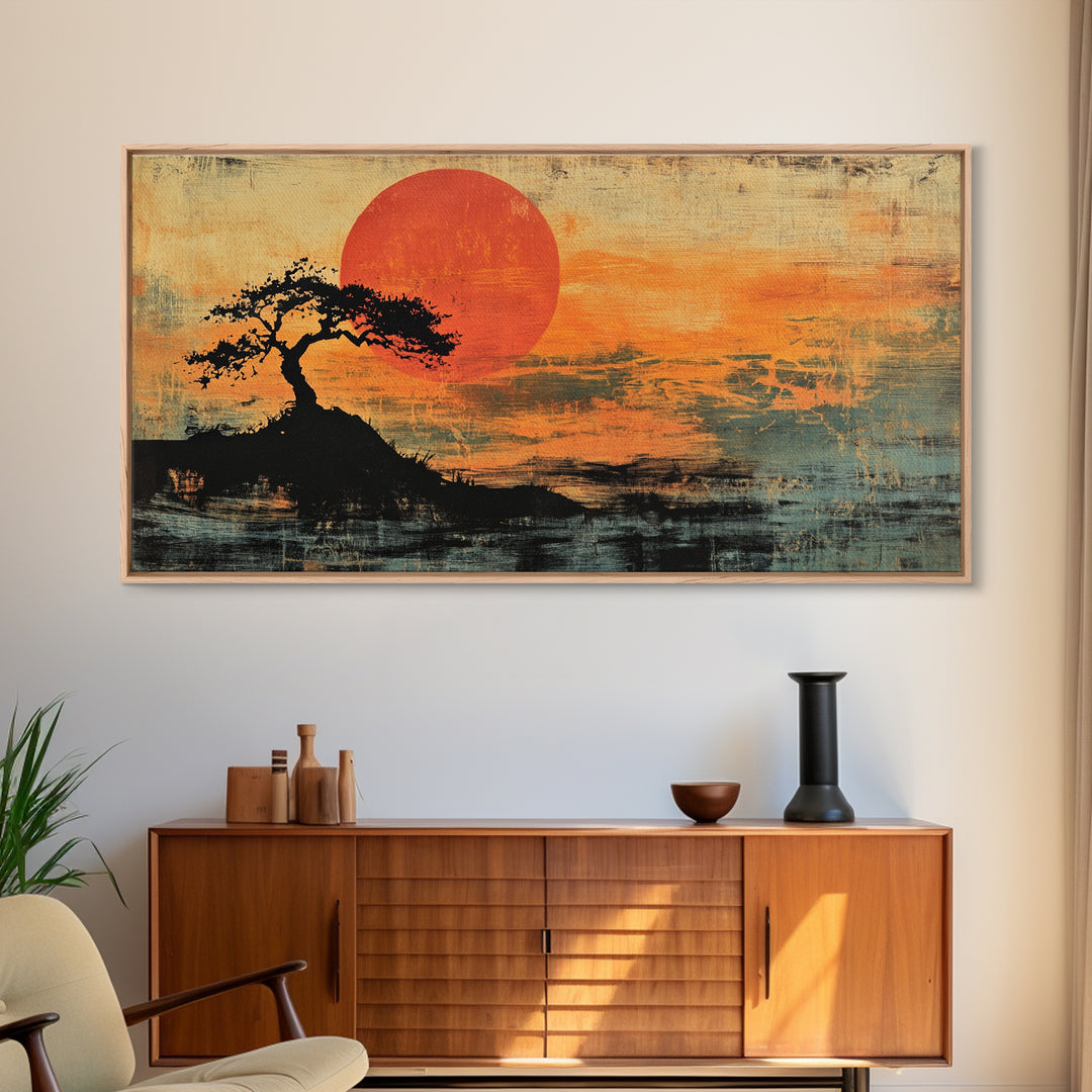 Solitary Tree Sunset Wall Art, Japanese Landscape Print, Moody Orange Coastal Decor, Panoramic Canvas Print For Living Room