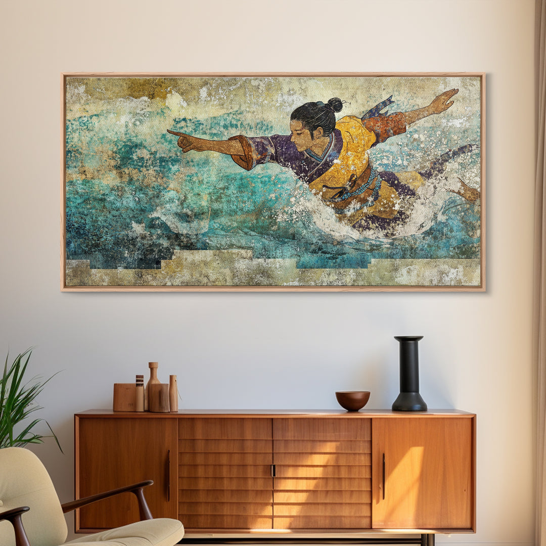 Japanese Warrior Swimming In Turquoise Waves Canvas Print, Asian Inspired Wall Decor, Martial Arts Gift, Coastal Home Decor