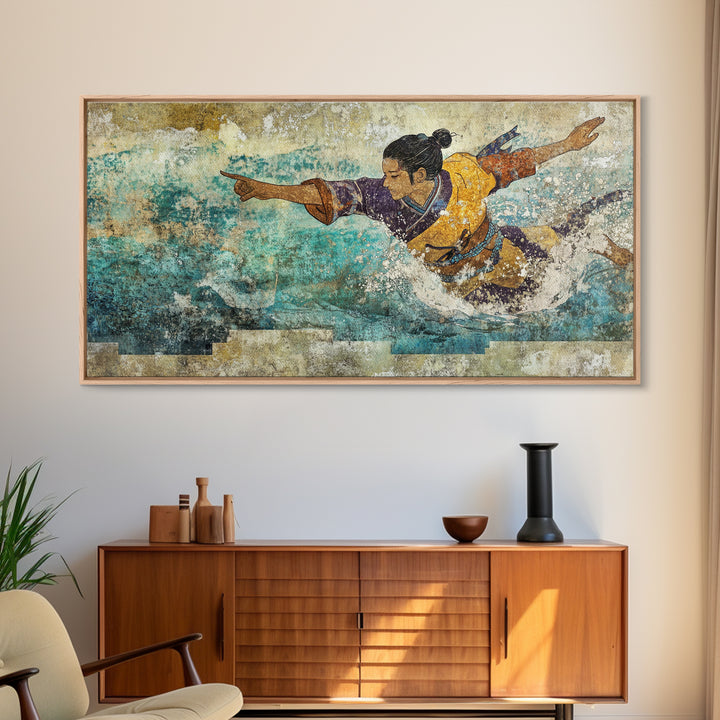 Japanese Warrior Swimming In Turquoise Waves Canvas Print, Asian Inspired Wall Decor, Martial Arts Gift, Coastal Home Decor