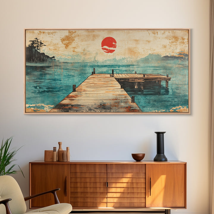 Quiet Dock On Misty Lake Wall Art, Japanese Red Sun Landscape Print, Coastal Cabin Decor, Serene Living Room Art, Housewarming Gift