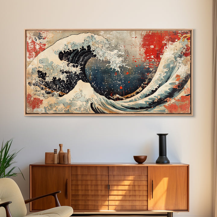 Great Wave With Red Sun Canvas Print, Japanese Ocean Wall Art, Hokusai Inspired Seascape, Coastal Living Room Decor Gift