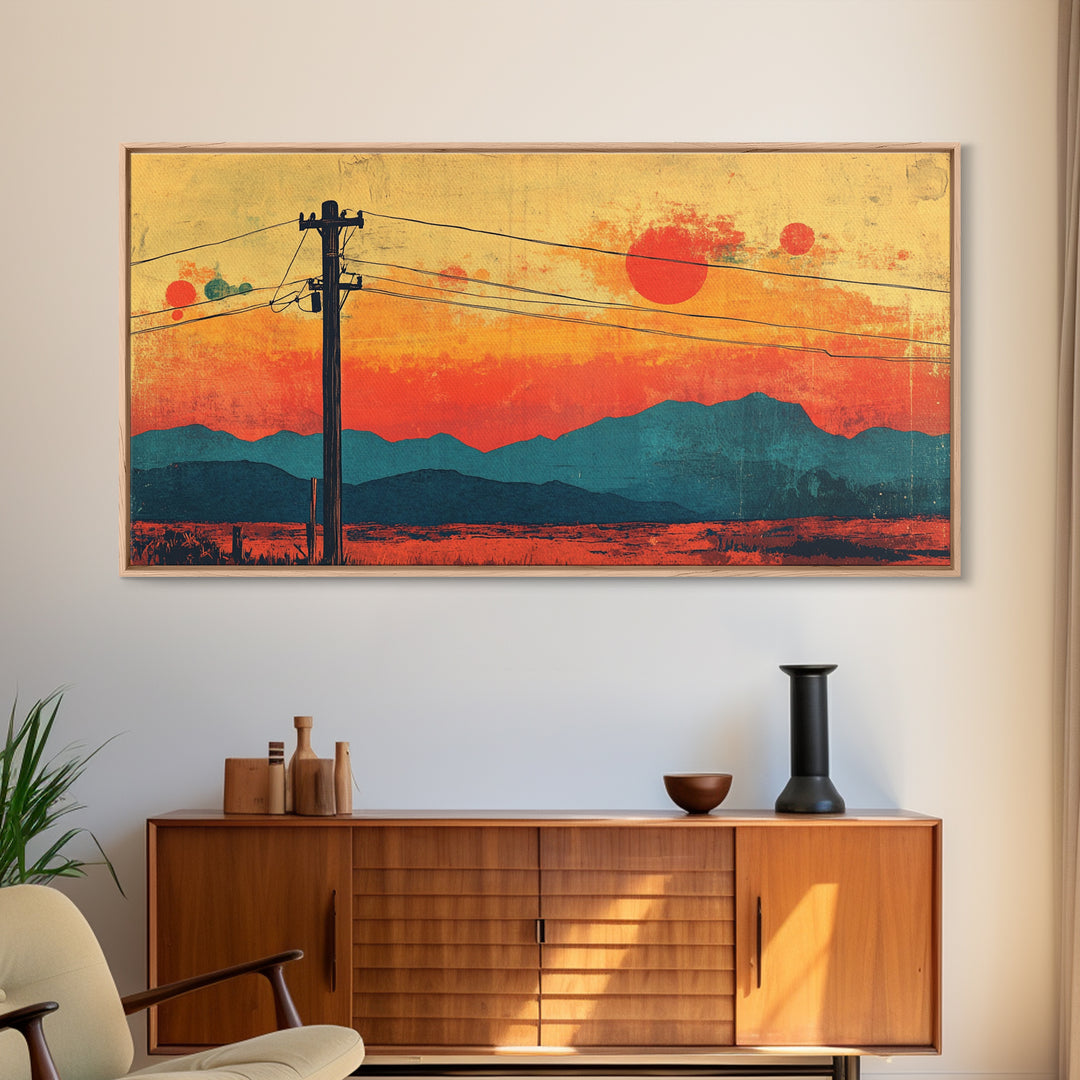 Telephone Poles At Orange Desert Sunset Wall Art, Retro Japanese Landscape Print, Mountain Decor, Mid Century Canvas Print