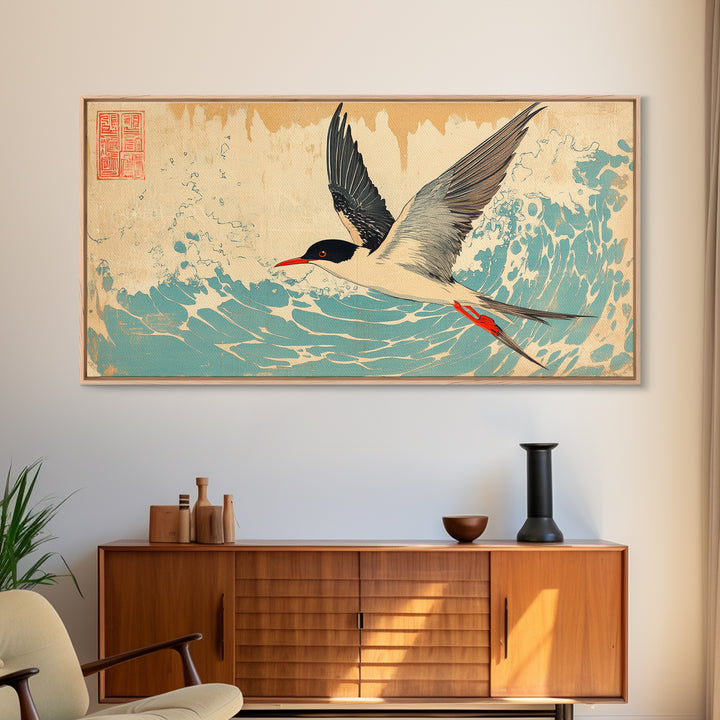 Elegant Tern Flying Over Teal Waves Wall Art, Japanese Bird Art Print, Coastal Nature Decor, Wildlife Canvas Print Gift For Her