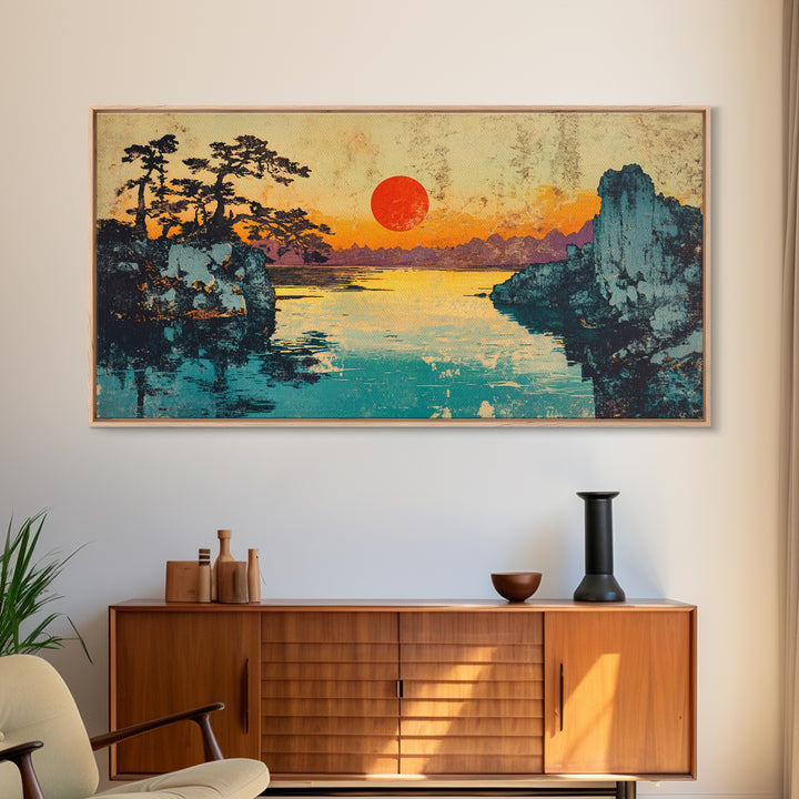 Red Sun Lake Between Pine Cliffs Wall Art, Japanese Landscape Canvas Print, Serene Nature Decor, Coastal Living Room Gift