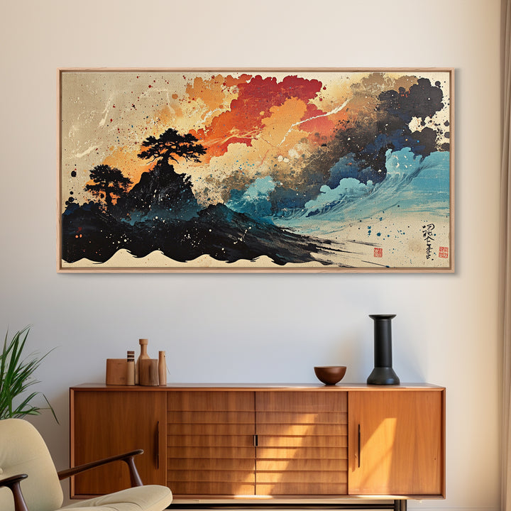 Stormy Island Waves And Red Clouds Wall Art, Japanese Ink Seascape Print, Moody Coastal Decor, Dramatic Canvas Print Gift