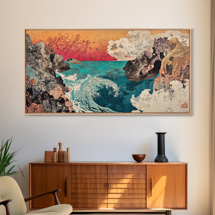 Rocky Cove With Turquoise Surf Wall Art, Japanese Coastal Seascape Print, Ocean Landscape Decor, Large Canvas Print Gift