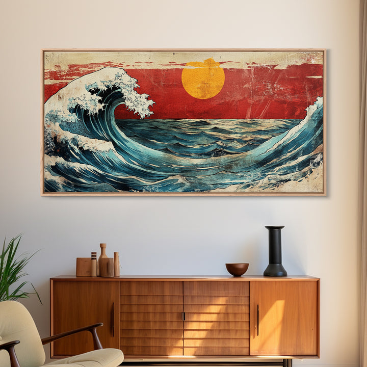 Rolling Ocean Wave Under Yellow Sun Canvas Print, Japanese Seascape Wall Art, Coastal Living Room Decor, Beach House Gift
