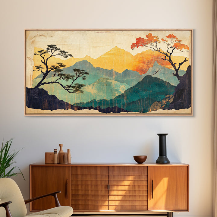 Golden Mountain Sunrise With Autumn Trees Wall Art, Japandi Landscape Canvas Print, Nature Decor For Calm Living Room And Bedroom Decor