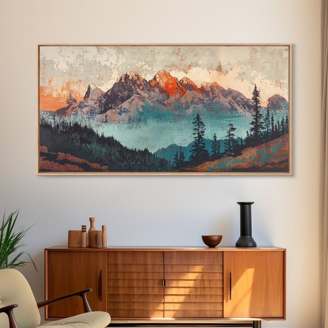 Snowy Mountain Peaks And Pine Forest Wall Art, Rustic Landscape Framed Canvas Print, Large Nature Decor For Living Room Art
