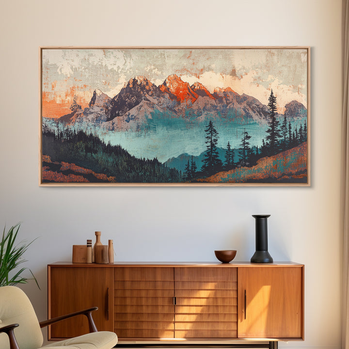 Snowy Mountain Peaks And Pine Forest Wall Art, Rustic Landscape Framed Canvas Print, Large Nature Decor For Living Room Art