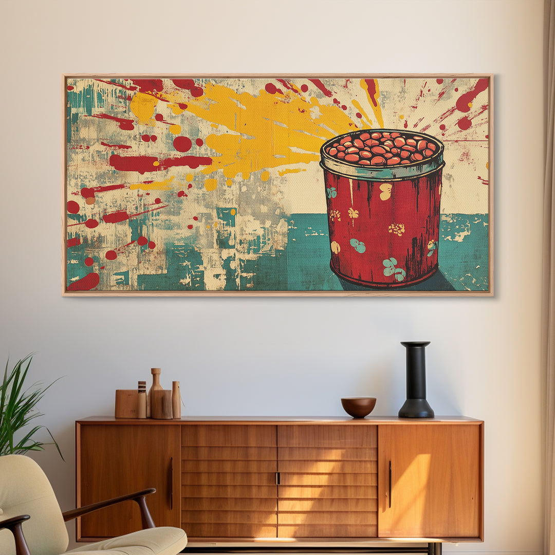 Retro Red Tin Of Beans With Yellow Paint Splashes Wall Art, Pop Art Canvas Print, Fun Kitchen Decor For Dining Room Poster
