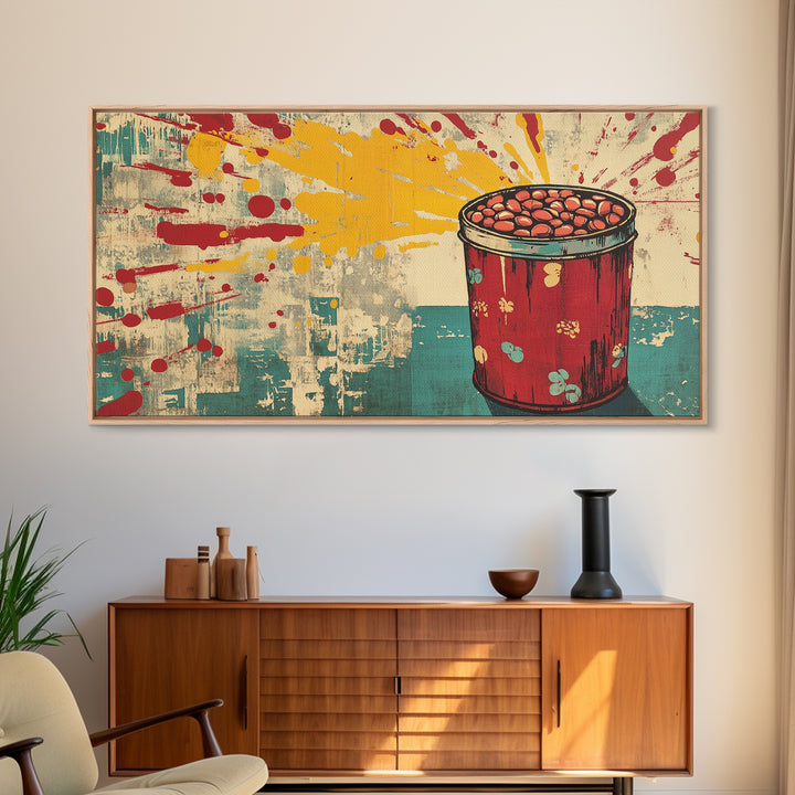 Retro Red Tin Of Beans With Yellow Paint Splashes Wall Art, Pop Art Canvas Print, Fun Kitchen Decor For Dining Room Poster