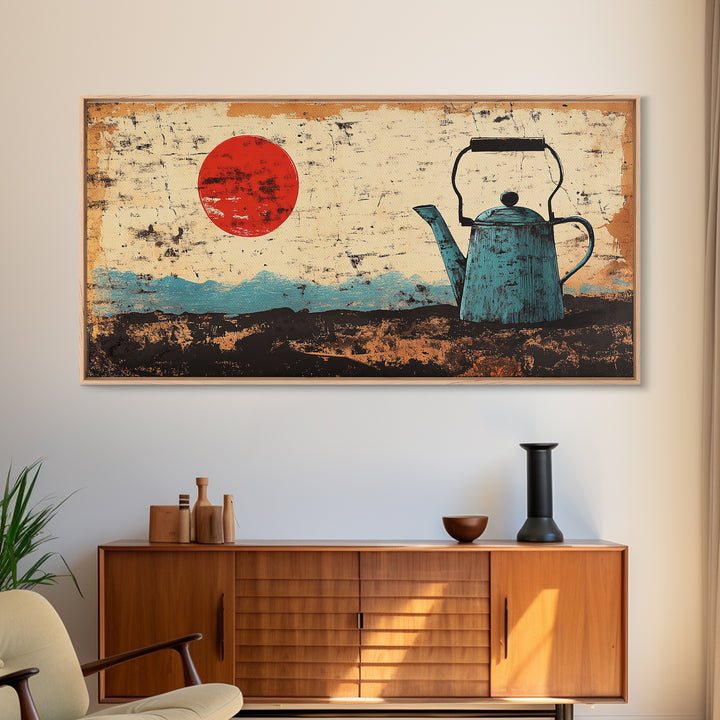 Blue Enamel Teapot Under Red Sun Wall Art, Japanese Minimalist Canvas Print, Rustic Kitchen Decor For Tea Lovers And Home Decor