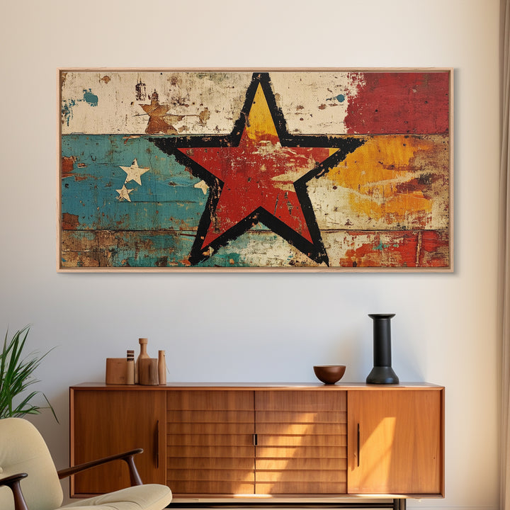 Distressed Red Star On Teal And Gold Abstract Wall Art, Retro Americana Canvas Print, Bold Rustic Home Decor For Man Cave Or Office