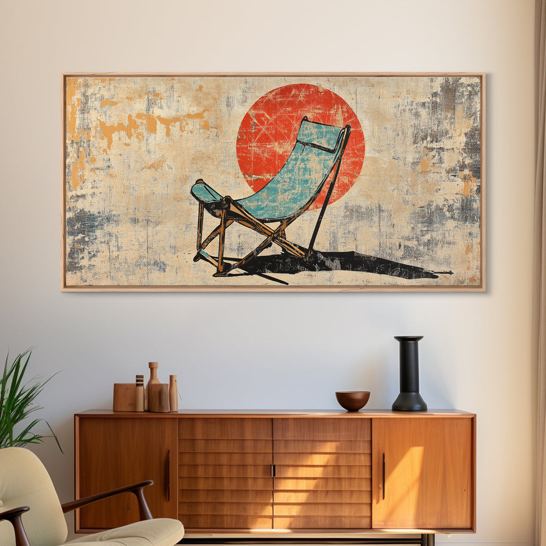 Turquoise Beach Chair In Front Of Red Sun Wall Art, Retro Coastal Canvas Print, Summer Beach House Decor For Patio And Living Room