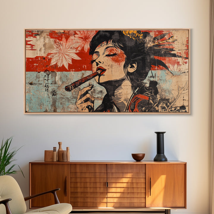 Glamorous Geisha Woman Smoking Cigar Wall Art, Japanese Pop Art Canvas Print, Bold Feminine Decor For Lounge And Living Room