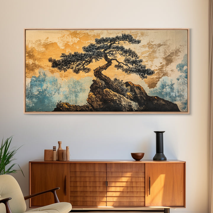 Twisted Bonsai On Golden Cliff Wall Art, Japanese Zen Landscape Print, Asian Inspired Decor, Teal Gold Living Room Art Print